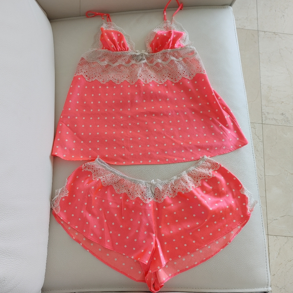 Victoria's Secret Women's Pink Polka Dot Lace Trim Sleepwear Set